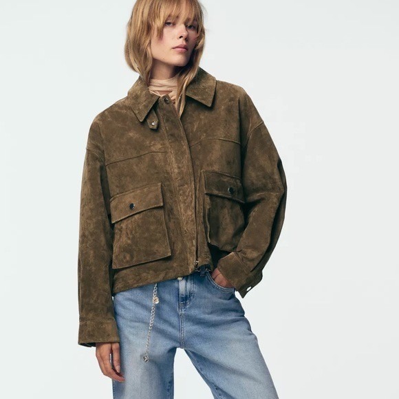 Zara Jackets & Blazers - ZARA Suede Leather Bomber Jacket Pockets Outdoors Taupe Streetwear Brown Small